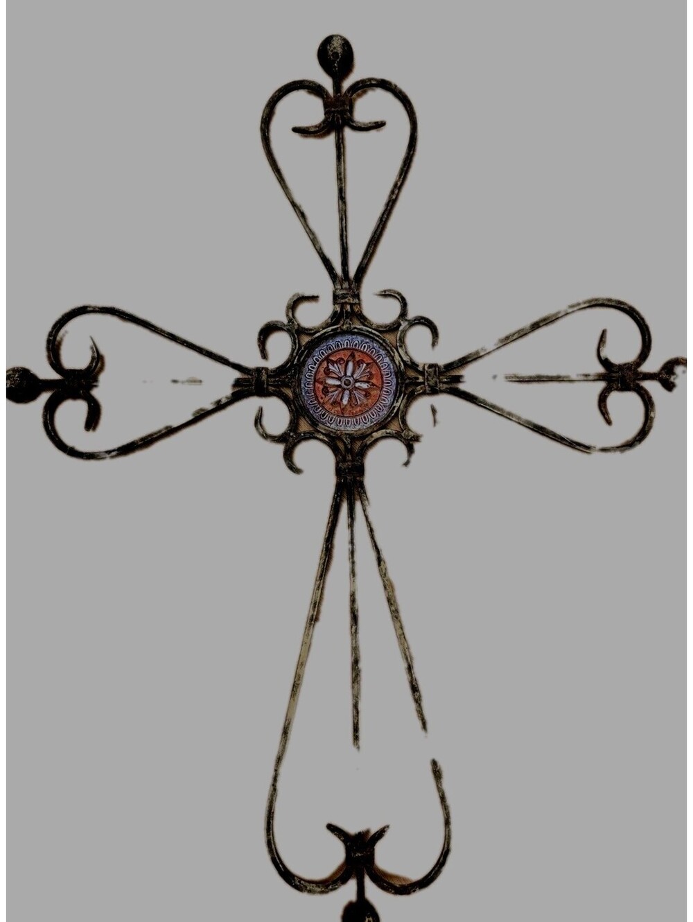 Rustic Metal Wall Cross Indoor Outdoor Decor Wall Art 24"Tx 18"W Glass Medallion